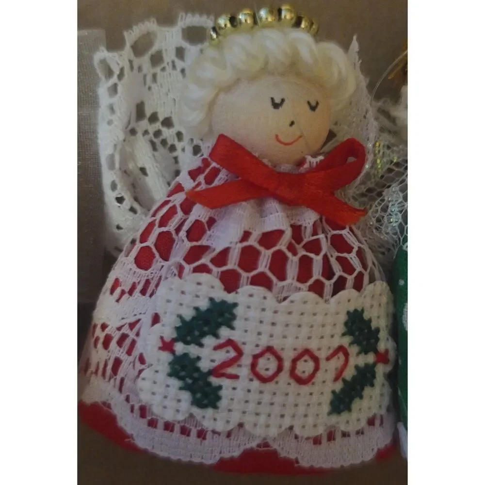 Vintage Lot of 4 Different Christmas Cross-Stitched Dated Wooden Angel Ornaments